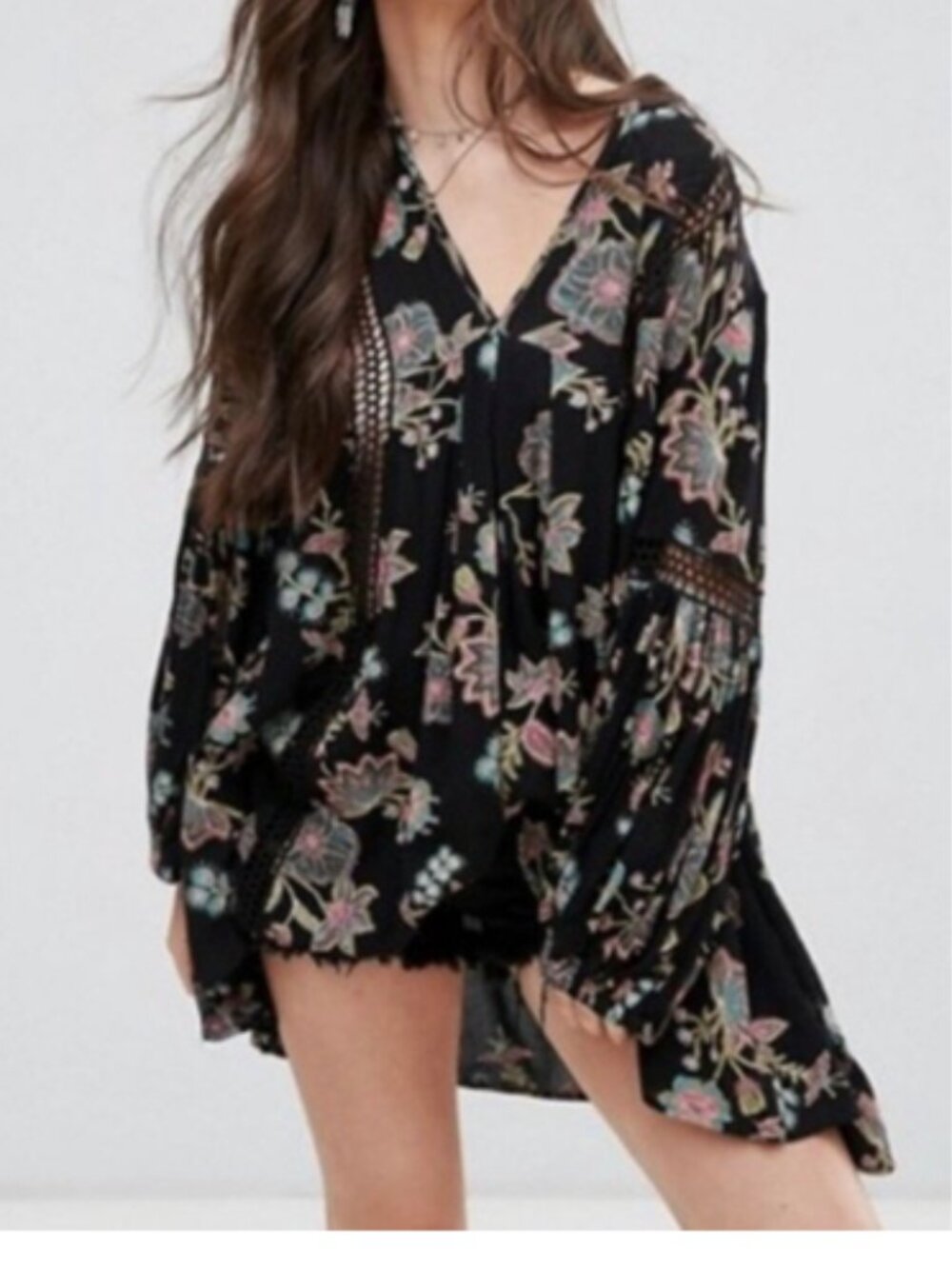 Free People Just the Two of Us Flowy Witchy Black Floral Boho Fairy Tunic